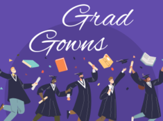 A parade of students in graduation gowns against a purple background with flowing text reading Grad Gowns