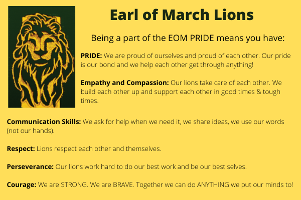 Graphic listing qualities of an EOM Lion: pride, empathy and compassion, communication skills, respect, perseverance, and courage