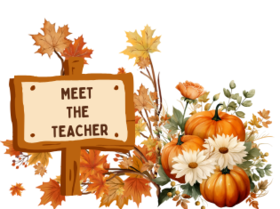 Wooden sign reads Meet the Teacher against an autumn backdrop