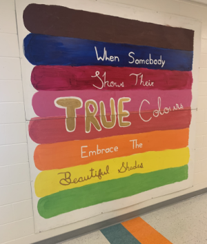 Hallway mural showing the words "When somebody shows their true colours embrace the beautiful shades" on a colourful background