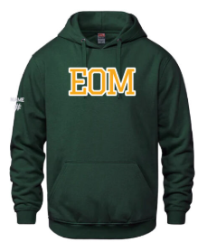 Green hoodie with EOM in gold on the chest