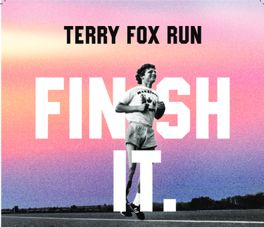 A photo of Terry Fox against a sunset background with the words Terry Fox Run, Finish it.